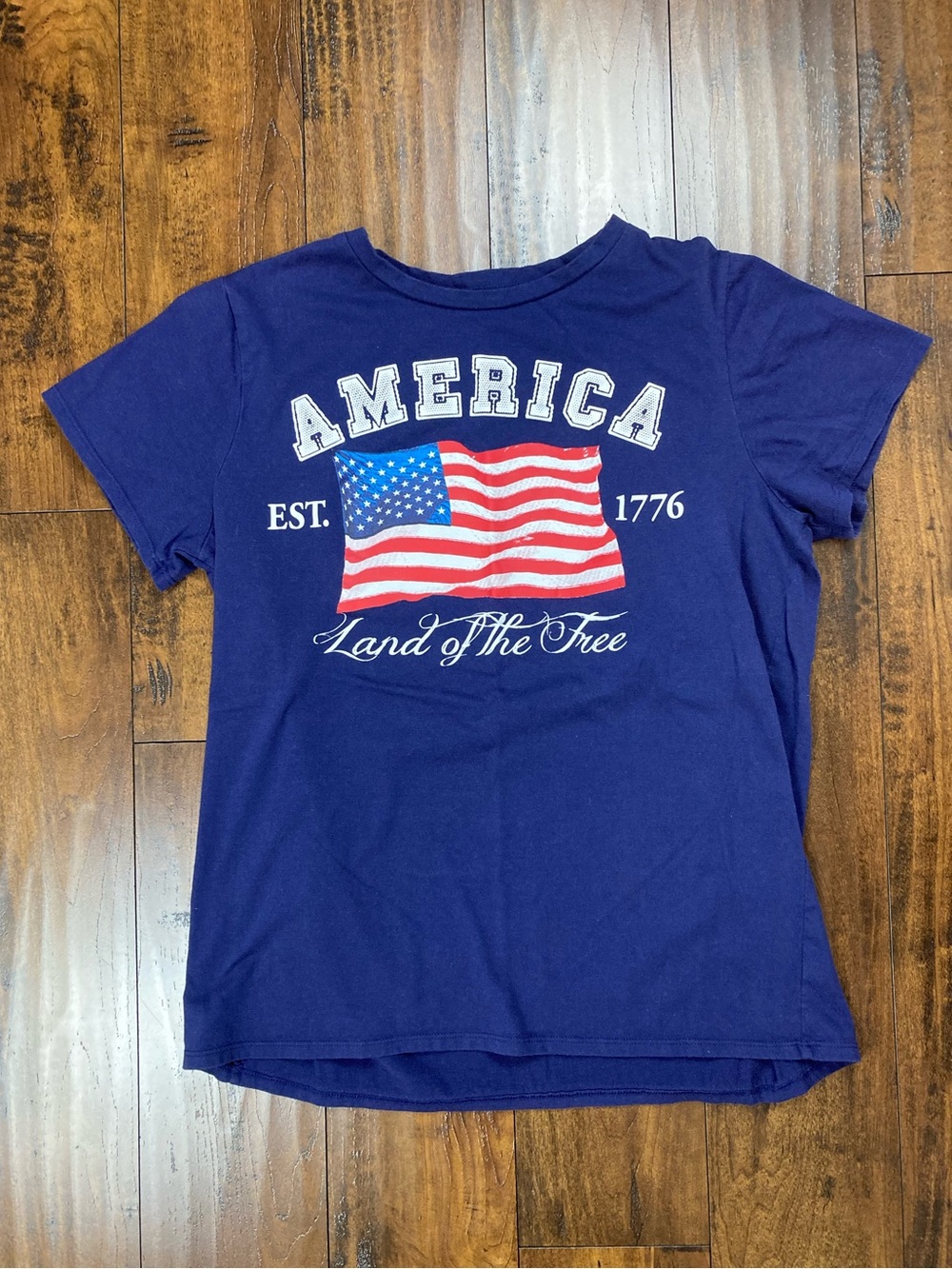 AMERICA LAND OF THE FREE Est. 1776 Men’s Shirt Blue w/ Flag Open Trails Size MED